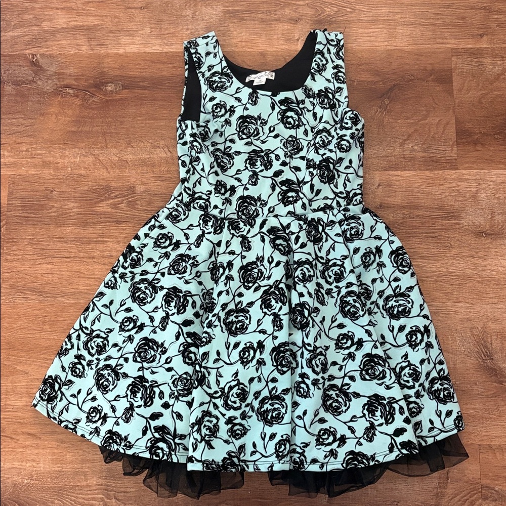 Knit Works  Dress Girls Sz 12 Teal & Black Silver Sparkle Full Skirt Formal